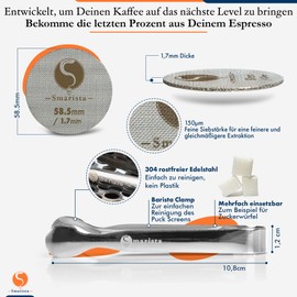 SMARISTA® Puck Screen 58.5 mm - With Barista Clamp for Easy Cleaning - Espresso Strainer for Portafilter - 1.7 mm Thick, 150 μm - Troubleshooting Guide