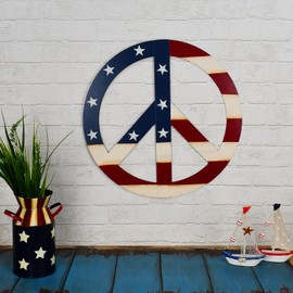 K KILIPES Patriotic Metal Peace Sign Home Decor Peace Symbol with Stars and Stripes Wall Hanging Ornament Decorative Plaque Sign American Decorations for 4th of July Memorial Veterans Day Decor (L)