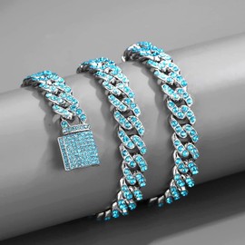 OWNCOOL 2 PCS Cuban Link Chain Iced Out Miami Cuban Necklace Bracelet Bling Diamond Hip Hop Jewelry for Men Women Blue 16inch