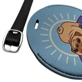 Downward Facing Dog Pug Doing Yoga Round Leather Luggage Card Carry-On ID Tag