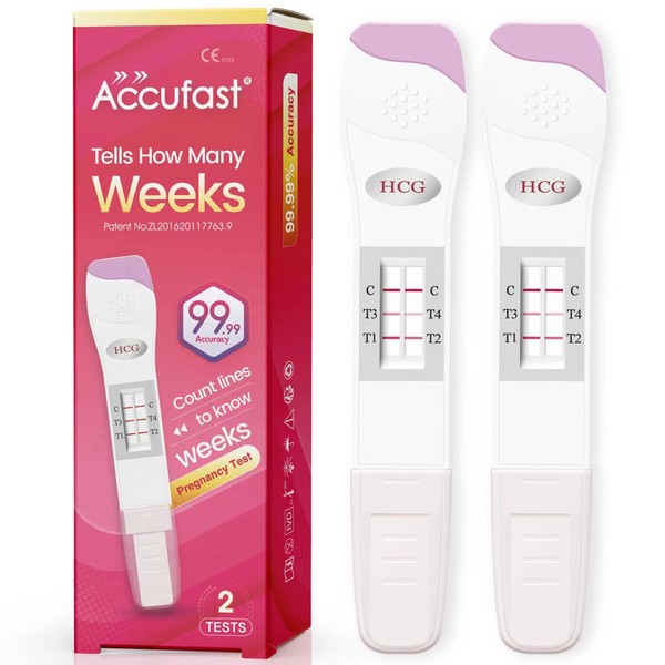 Accufast Schwangerschaftstest mit Wochenbestimmung zur Früherkennung - 2 Stück Double-Check 25 mIU/ml hCG Urintest mit 99,99% Genauigkeit, Frühtest Pregnancy Test - Schwangere Wochen Anzeigen