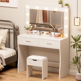 YESHOMY Vanity Desk with Mirror, Power Outlet and 11 Lights, Makeup Table with 2 Drawers, 3 Color Modes Available for Bedroom, White