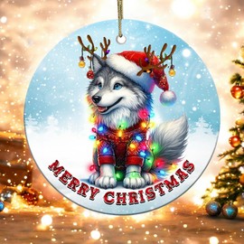 Decorlion 2024 Christmas Ornament - Wolf Merry Christmas Animal Funny Ceramic Ornament, Christmas Tree Decoration, Hanging Ornament, Wolf Christmas Ornament, for Animal Lovers