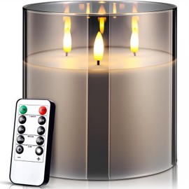 Retisee 6'' x 6'' Extra Large Flameless Candles, 3 Wick Glass Large Candles with Remote Control and Timer Function, Real Wax LED Pillar Flickering for St. Patrick's Spring Party Decor(Gray,1 Pcs)