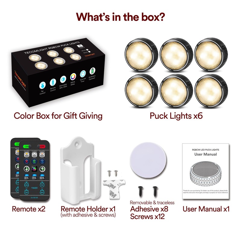 TECOMLIGHT LED Puck Lights with Remote Control, Battery Operated Wireless