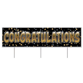 Plastic Jumbo Congratulations Yard Sign With Metal Stakes 11.75" x 47", Black/Gold/Silver