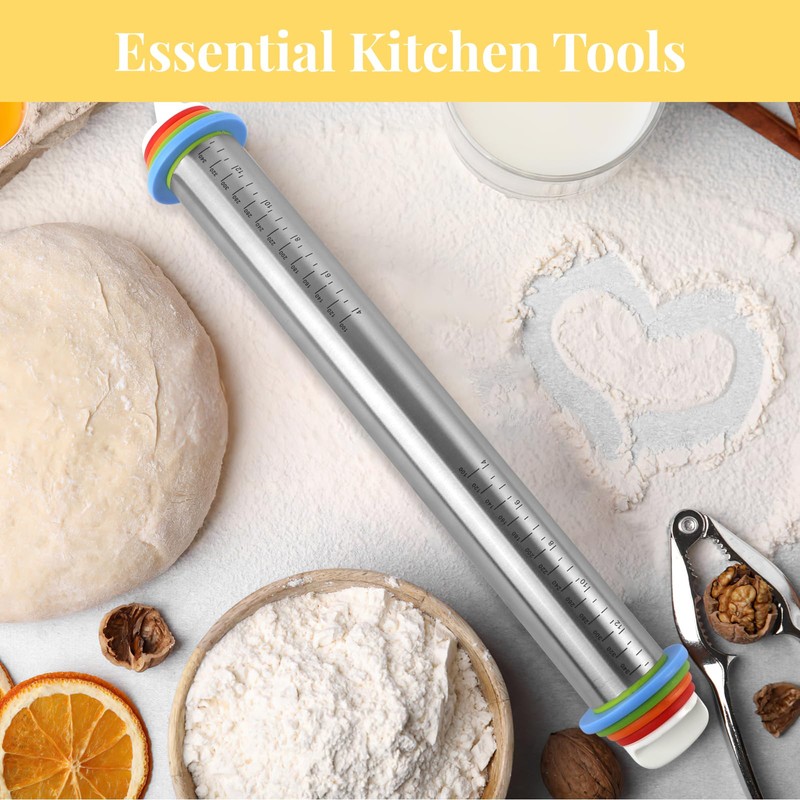 Adjustable Rolling Pin with 4 Thickness Rings for Baking, 17”