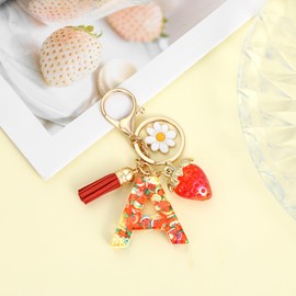 MWOOT Keyring Letter A, Keyring with Initial Letters Strawberry Daisy Tassels Pendant for Women Girls Resin Fruit Key Rings Name for Backpack Handbags Charms, red