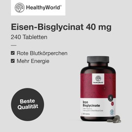 HealthyWorld® Iron Bisglycinate 40 mg - With Vitamin C - 240 Tablets - 8 Month Supply - No GMOs and No Artificial Colours - 40 mg Iron, 40 mg Vitamin C - Highest Quality