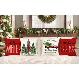 4TH Emotion Red Christmas Pillow Covers 18x18 Set of 4 Farmhouse Christmas Decorations Merry Christmas Tree Truck Hello Winter Holiday Decor Throw Cushion Case for Home Couch S22C34