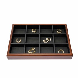 Ugdgtgo Solid Wood Stackable Jewelry Tray 12 Grid Liner Pendant Earring Ring Coin Tray Jewelry Drawer Organizer (Black Leather, 12 Grid)