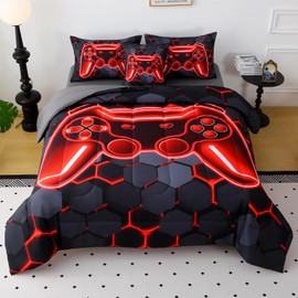 JQinHome Queen Size Gaming Bedding Set 6-Piece Comforter for Boys Teens - 3D Video Game Print Bed in a Bag with Sheets, Red Cool Black Design (Queen)