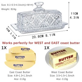 Qfkris Crystal Covered Butter Dish,8inch Classic Glass 2-Piece Design Butter Keeper ...