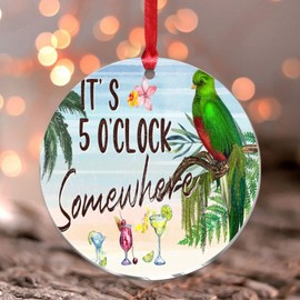 It's Five O'clock Somewhere Christmas Tree Ornament Beer Bar Club Glass Parrot Round Christmas Tree Ornament Keepsake Parrot Flowers Flamingo Beach Acrylic Christmas Bauble for Xmas Tree Decoration