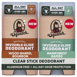 Dr. Squatch Invisible Glide Natural Men’s Deodorant – Smooth Glide, No Stains – Aluminum Free Deodorant Men – Safe for Sensitive Skin – Wood Barrel Bourbon + Rainforest Rapids, 2.65oz (2-Pack)