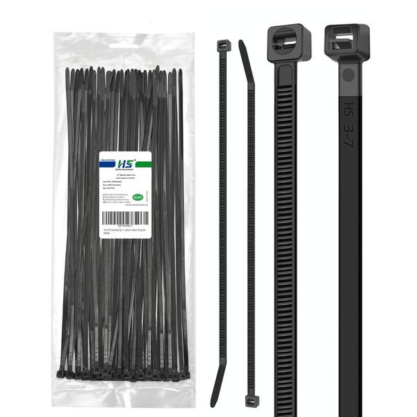 HS UV Protected Zip Ties 12 Inch (100 Pack) Self Locking Plastic Wire Ties 12 Inch Black Nylon Cable Ties 50 LBS,Outdoor Indoor Purpose