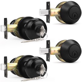 Probrico Entry Knobs Front Door Handles Exterior Lockset and Single Cylinder Deadbolt Combination Set, Flat Black (2 Pack) Keyed Alike