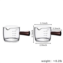 Double Spouts 150ML /5OZ Measuring Triple Pitcher Milk Cup with Wood Handle Espresso Shot Glasses Parts Clear Glass Set of 2 pieces