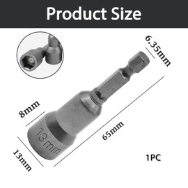 13mm Nut Driver Bit, 65mm Length, 1/4 Hex Shank, Impact Socket Adapter for Bolts and Nuts