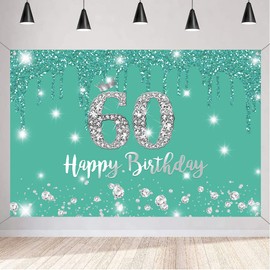 Happy 60th Birthday Backdrop Banner Party Decoration for Women, 60 Years Old Fabric Sign Poster, Turquoise Photography Background 60th Birthday Party Supplies, 150 x 90 cm