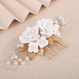 Teyglen Gold Leaf Flower Headpiece with Pearl Wedding Hair Comb Bridal Flower Hair Comb Floral Hair Accessories for Women Wedding Headpiece (Gold)