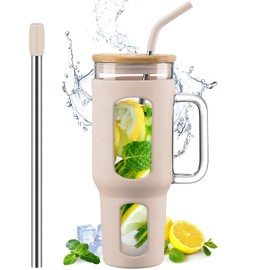 WINSA Glass Tumbler with Lid and Straw, 46 oz Iced Coffee Cup with Handle, Large Water Bottles with Silicone Sleeve, Glass Cup with Straws - Pearl Straw & Drinking Straw BPA Free-Amber