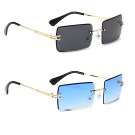 XDGBGFN 2 Pairs Retro Rectangle Frameless Sunglasses 90s Style Glasses Square Rimless Sunglasses for Men and Women, Blue & Black