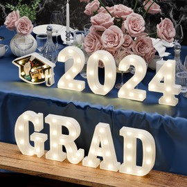 Graduation Party Decorations 2024-8 LED Long Marquee Light Up Letters 'Grad 2024' and 1 'Doctorial hat' - Graduation Party Decor for Kindergarten Preschool High School College Graduation(White)
