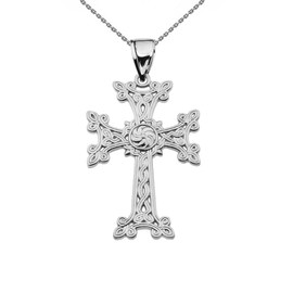 Sterling Silver Eternity "Khachkar" Armenian Cross Pendant Necklace (Small) 16"