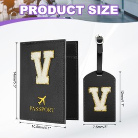PATIKIL Passport Holder for Travel, Initial Passport Cover and Luggage Tag Set with Alphabet Chenille Letter Patch Travel Wallet Bag Suitcase Identifier for Women Family Travel Black V