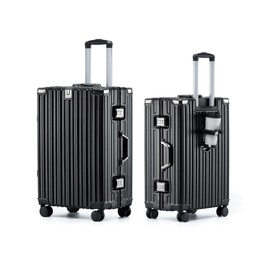 HotWay 20 Inch Aluminum Frame Carry On Luggage with Spinner Wheels, PC Hard Shell Suitcase with Cup Holder, Zipperless Luggage for Business Travel, Black