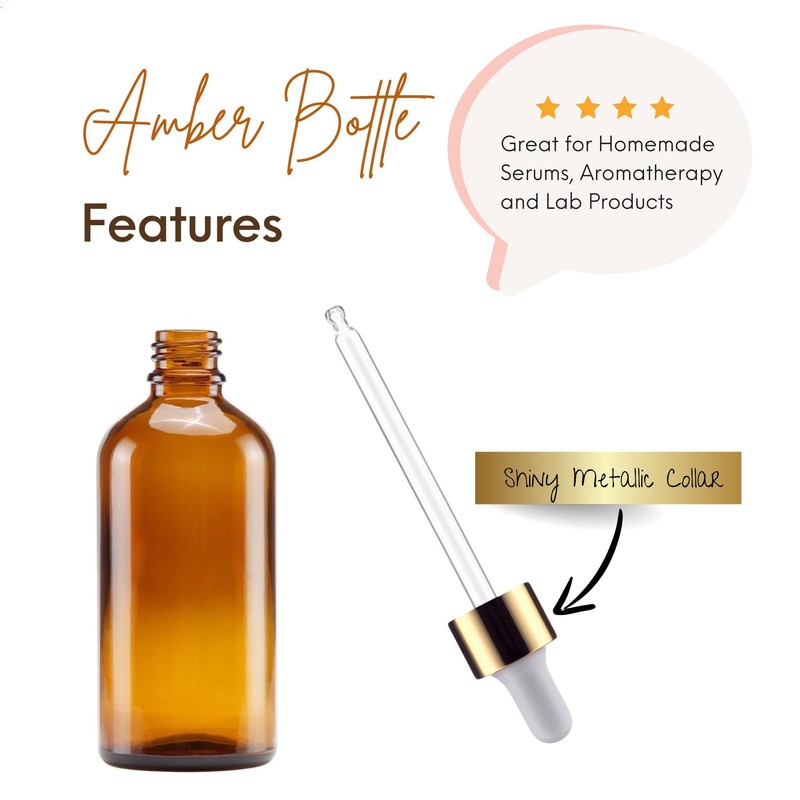 AVALON Amber 100ml Dropper Bottles with Gold & White Pipette