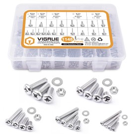 VIGRUE 1148Pcs Metric Phillips Pan Head Screws Bolt Nut Flat Washers M2 M3 M4 M5 M6 Machine Screws Assortment Kit,304 Stainless Steel