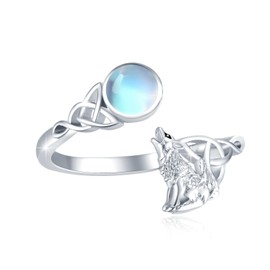 Moonstone Wolf Ring S925 Sterling Silver Celtic Wolf Ring Wolf Adjustable Ring Celtic Knot Open Ring Howling Wolf Ring Animal Thumb Ring Howling Wolf Jewelry for Women 8#