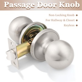Probrico(1 Pack Hall/Closet Room Round Door Knob,Passage Function for Hall/Closet,Interior Door Door Lock Handle Satin Nickel Finish, Keyless(Non-Locking Knobs) Interior Door Handles Locks
