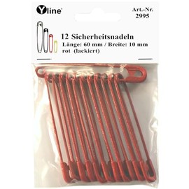 Pack of 12 Maxi Safety Pins 60 mm Large Red (Lacquered/Matte) Needle Needles, 2995