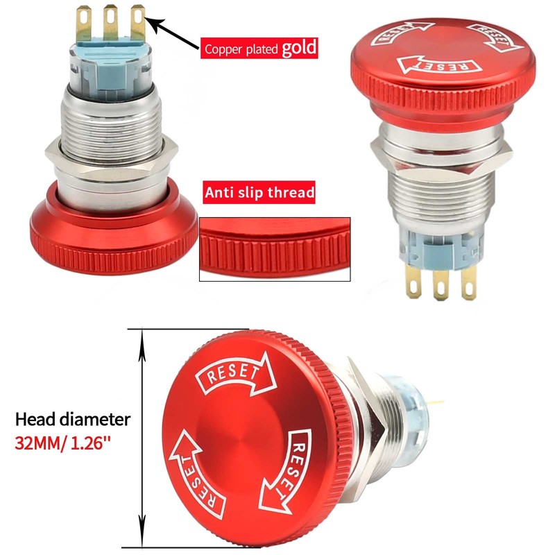 19mm 3/4" Latching Emergency Stop Push Button Switch SPDT Mushroom