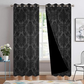 DORCEV Black Damask Floral Blackout Curtains Vintage Classic Flower Pattern Window Drapes Retro Court Style Window Treatment Sets for Living Room Bedroom Kitchen Curtains Decor,42x108 inch,2 Panels