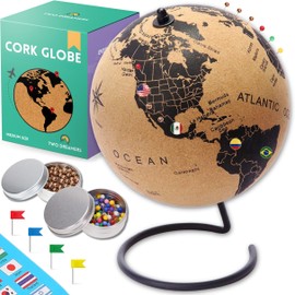 Medium Cork Globe 9.4" Tall | World Travel Map with Metallic, Colored & National Flags Push Pins | 3D World Map Pin Board for Home or Office | Unique Gift for Travelers, Couples & Families | Push Pin Map