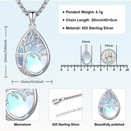 Aniu Tree of Life Necklace Sterling Silver Family Tree Necklace for Women Moonstone Teardrop Tree Necklace Birthday Anniversary Mothers Day Gifts Jewelry