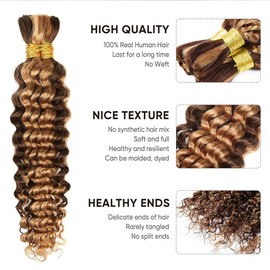 4/27 Honey Blonde Human Braiding Hair Deep Wave Bulk 22Inch 100g Highlight No Weft Curly Hair Extensions for Boho Braids Wet and Wavy Braiding Human Hair 2 Bundles