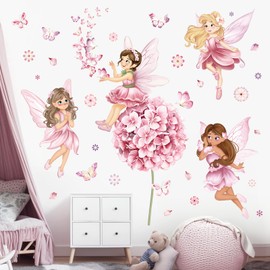 decalmile Fairy Girl with Flower Wall Decals Large Pink Dandelion Floral Butterfly Elves Wall Stickers Girls Bedroom Baby Nursery Kids Room Wall Decor