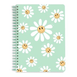 Steel Mill & Co Cute Mini Spiral Notebook, 8.25" x 6.25" Journal with Durable Hardcover and 160 Lined Pages, Green Daisy Smileys