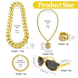 YIWONFU Men's 80s 90s Outfit, 5 Piece Costume Men's Set (Dollar Chain + Necklace + Rings + Bracelets + Sunglasses), Men's Hip Hop Costume for Carnival, Fancy Dress, Party, Cosplay