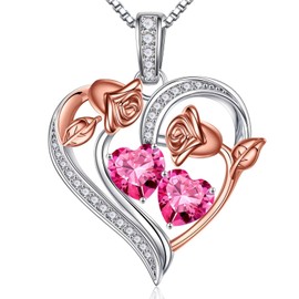 Iefil October Birthstone Jewelry - October Birthday Gifts, Jewelry for Women, Silver Necklace for Women, Pink Tourmaline Necklace, Tourmaline Jewelry, Heart Necklace, Women Necklace