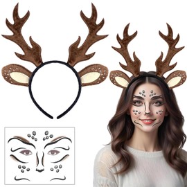 JRYBXS Reindeer Headband, Carnival Costume Women, Headband Women's Set Antlers Headband + Deer Face Tattoo, Realistic Headband Reindeer for Costume Carnival Party (Coffee Deer)