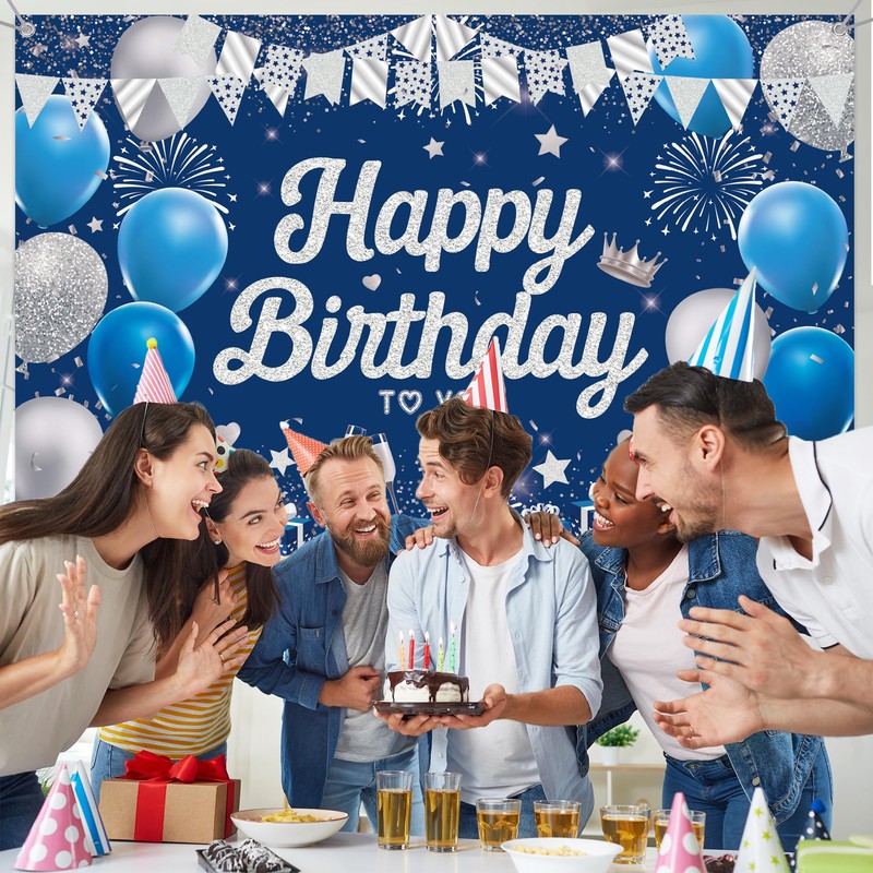 Happy Birthday Decoration Banner Backdrop - Blue Silverr Birthday Decorations