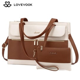 LOVEVOOK Laptop Tote Bags 15.6-17.3 inches for Woman with Clutch Purse, Large Business Teacher Office Crossbody Purse with 2 Cup Holder, Compact Waterproof Vegan Leather Shoulder Bags and Computer bag for Work, Office, Casual.:_Brown-Beige_15.6''