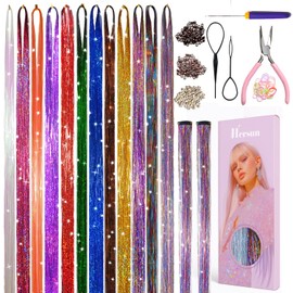 Hersun Hair Tinsel Kit 12 Colors 3800 Strands 48in With Tools Heat Resistant Glitter Tinsel Hair Accessories Sharking Hair Extensions For Girls & Women