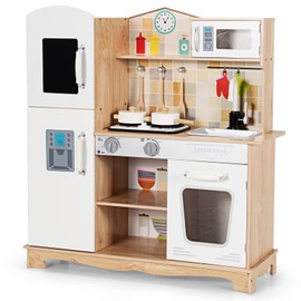 KOTEK Play Kitchen, Wooden Toddler Kitchen Playset w/Light and Sound/Blackboard/Microwave/Ice Maker/Oven/Stove/Faucet, Chef Pretend Play Toy, Kitchen Set for Kids, Gift for Girls Boys Age 3+(Natural)